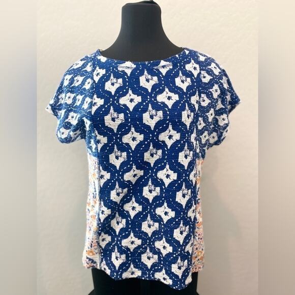 ZARA | Mixed Print Boho Top Blue White Mandala Pattern Short Sleeve | Small - Picture 2 of 6